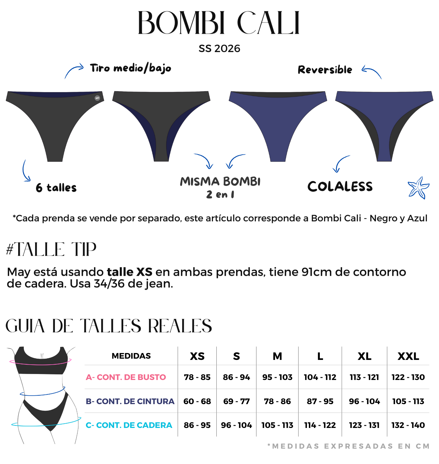 Bombacha bikini colaless reversible negro y azul